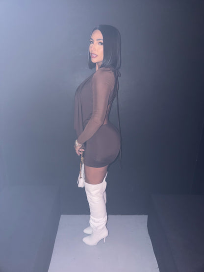 BROWN MINI DRESS WITH MESH