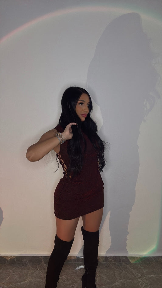 BURGANDY WITH GLITTER MINI DRESS