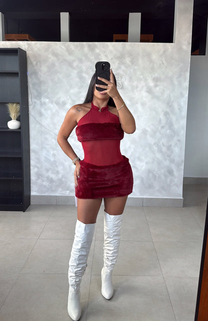 FLUFFY RED MINI DRESS