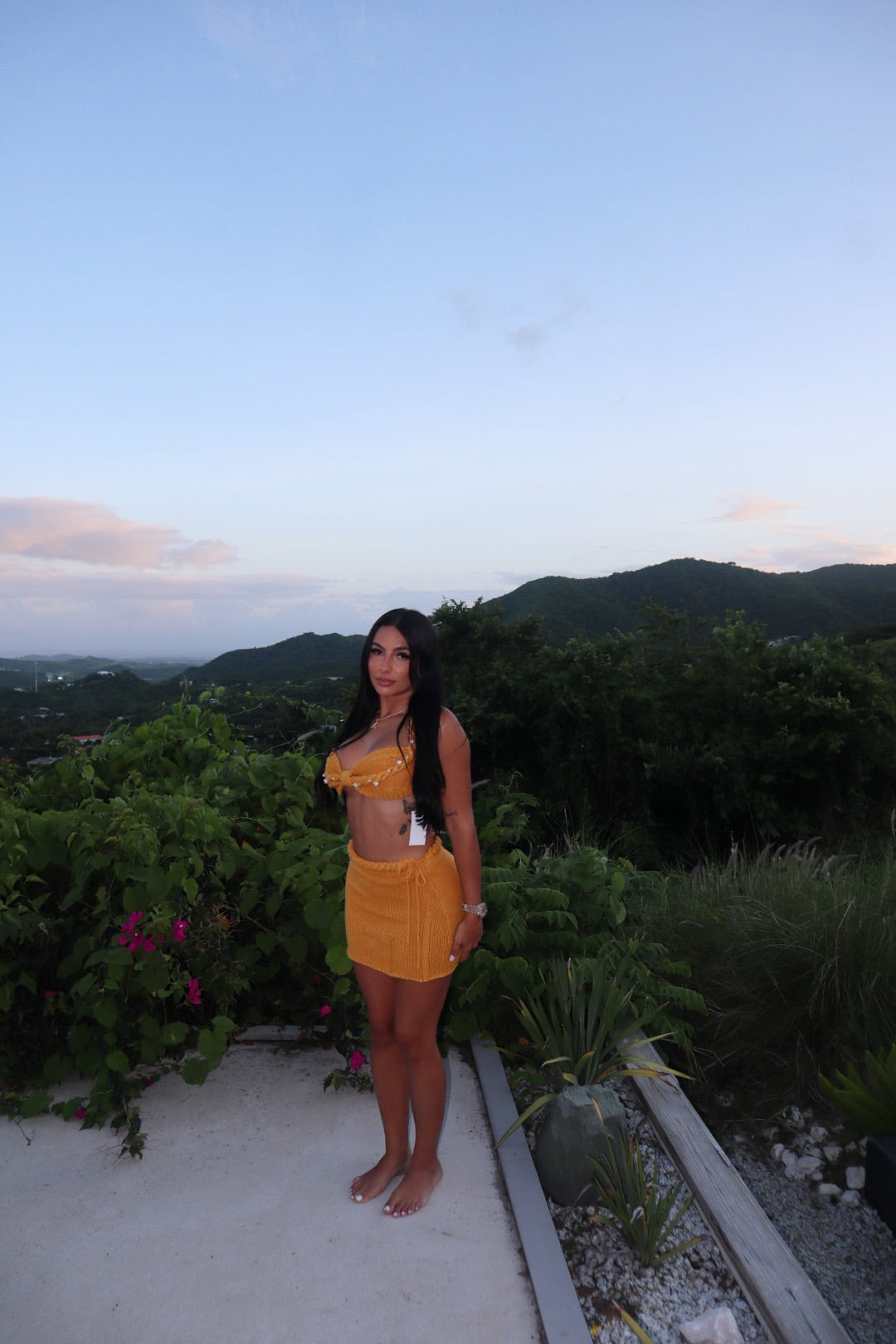 MUSTARD COVER UP WITH PEARLS